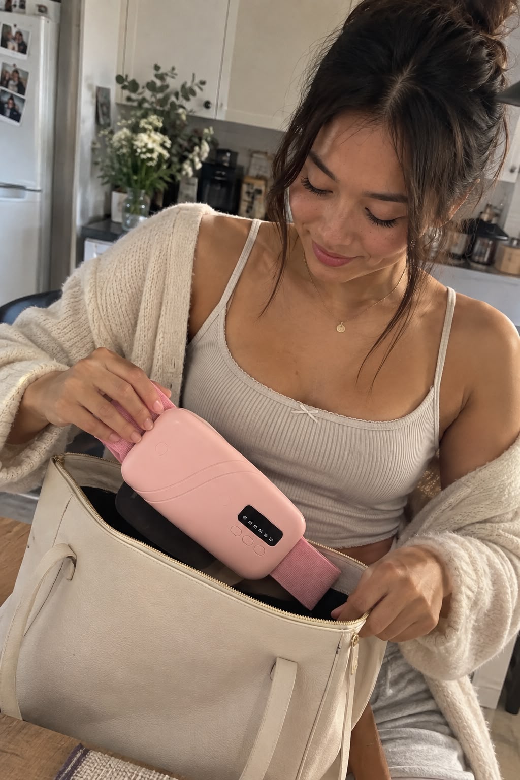 Slipping the cordless Ovahug pad into a tote bag