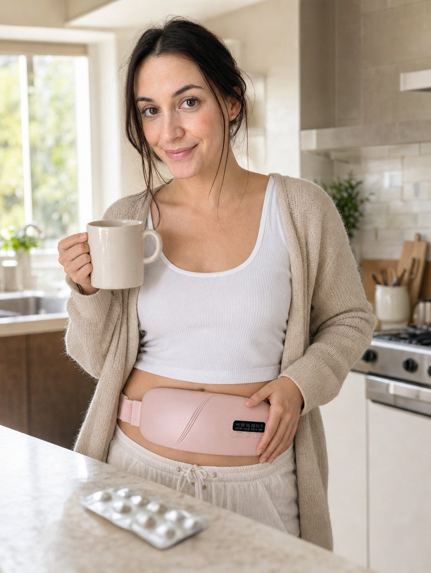 Morning in the kitchen wearing the Ovahug pad instead of reaching for painkillers